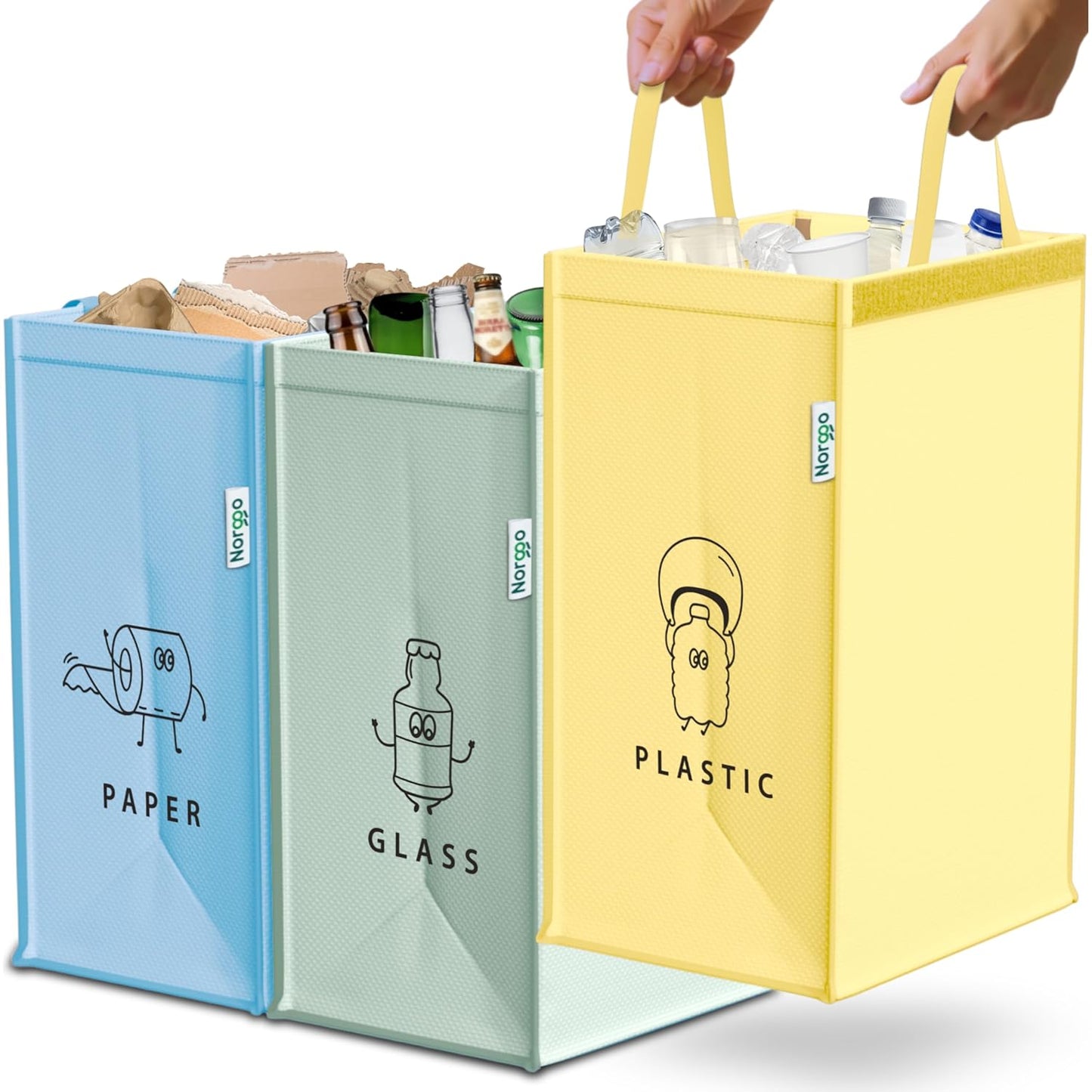 Norggo® Cubos de basura de reciclaje - Set de 3 x 40L para plástico, papel y vidrio - Cubo basura reciclaje duradero - Bolsas reciclaje basura colores - Papelera Reciclaje 3 Compartimentos