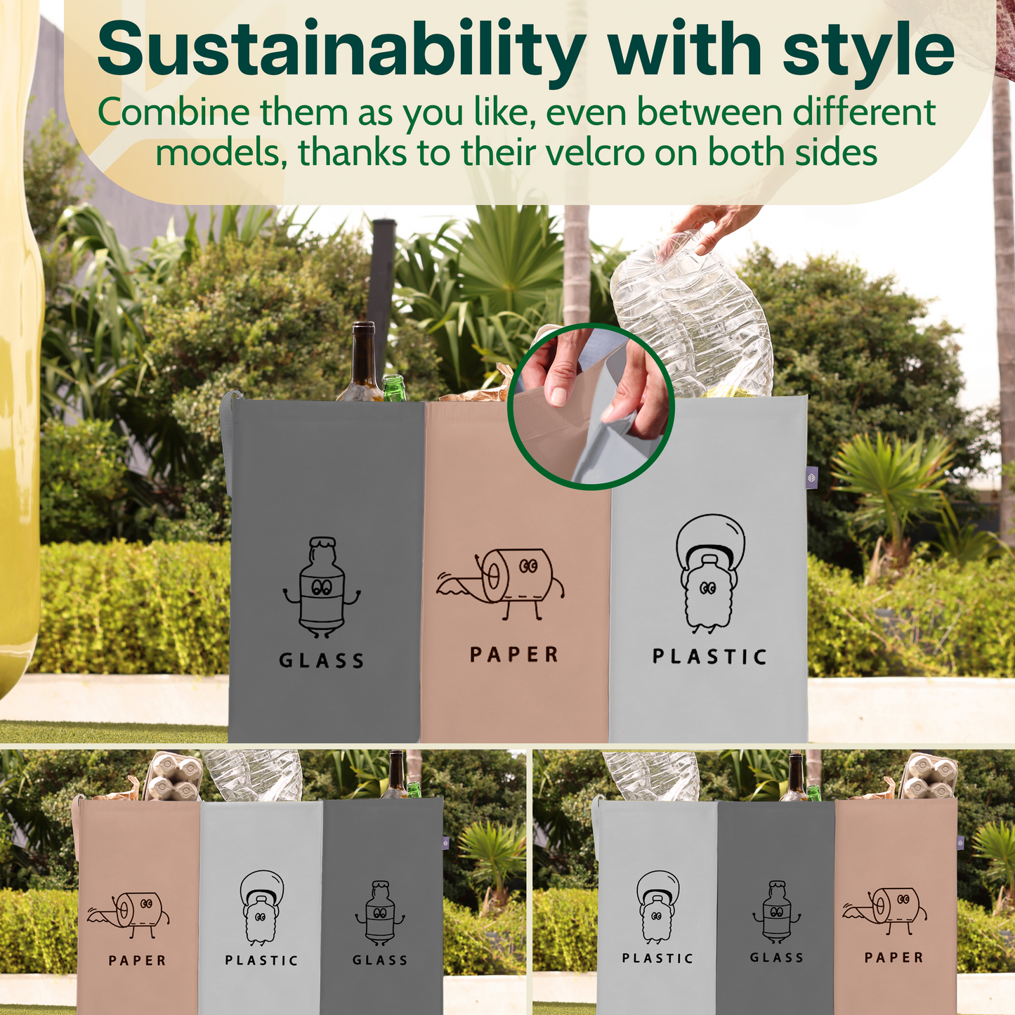Norggo® Cubos de basura de reciclaje - Set de 3 x 40L para plástico, papel y vidrio - Cubo basura reciclaje duradero - Bolsas reciclaje basura colores - Papelera Reciclaje 3 Compartimentos