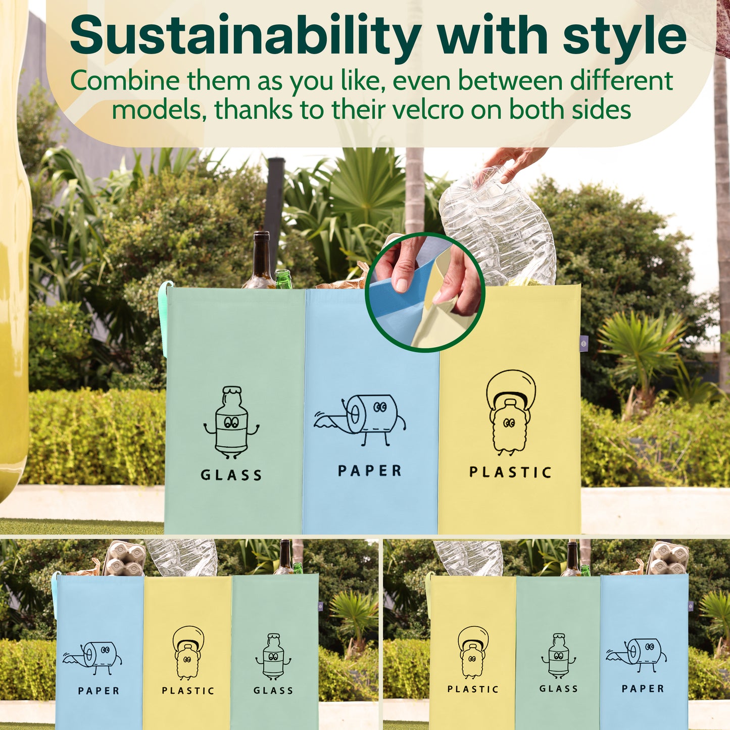 Norggo® Cubos de basura de reciclaje - Set de 3 x 40L para plástico, papel y vidrio - Cubo basura reciclaje duradero - Bolsas reciclaje basura colores - Papelera Reciclaje 3 Compartimentos