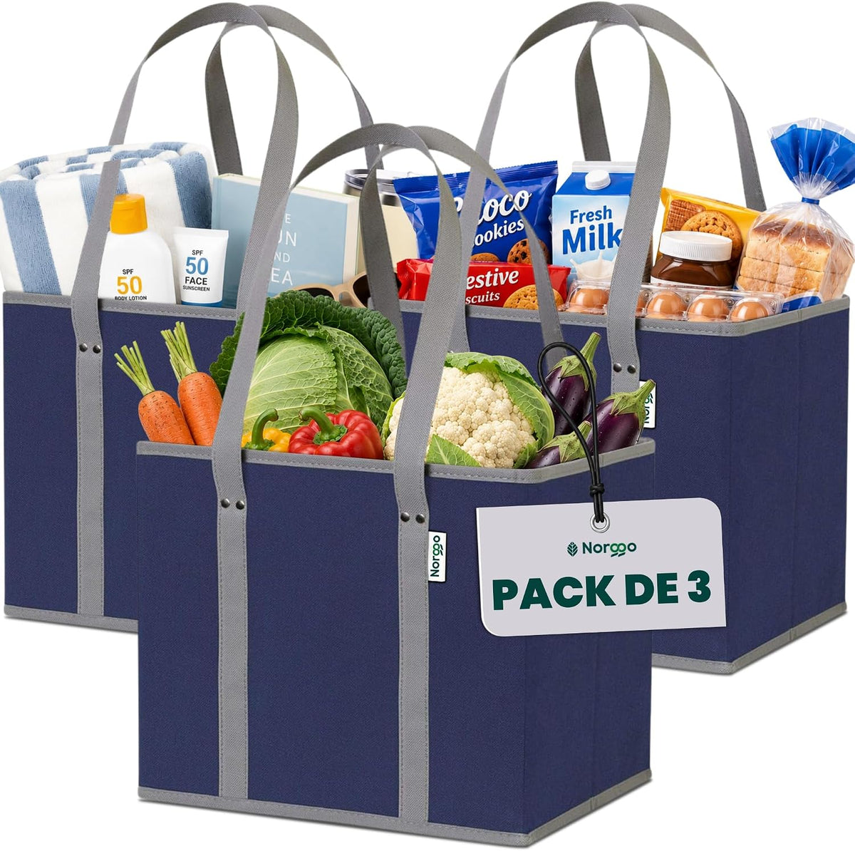 Foldable shopping bags with rigid base, pack of 3