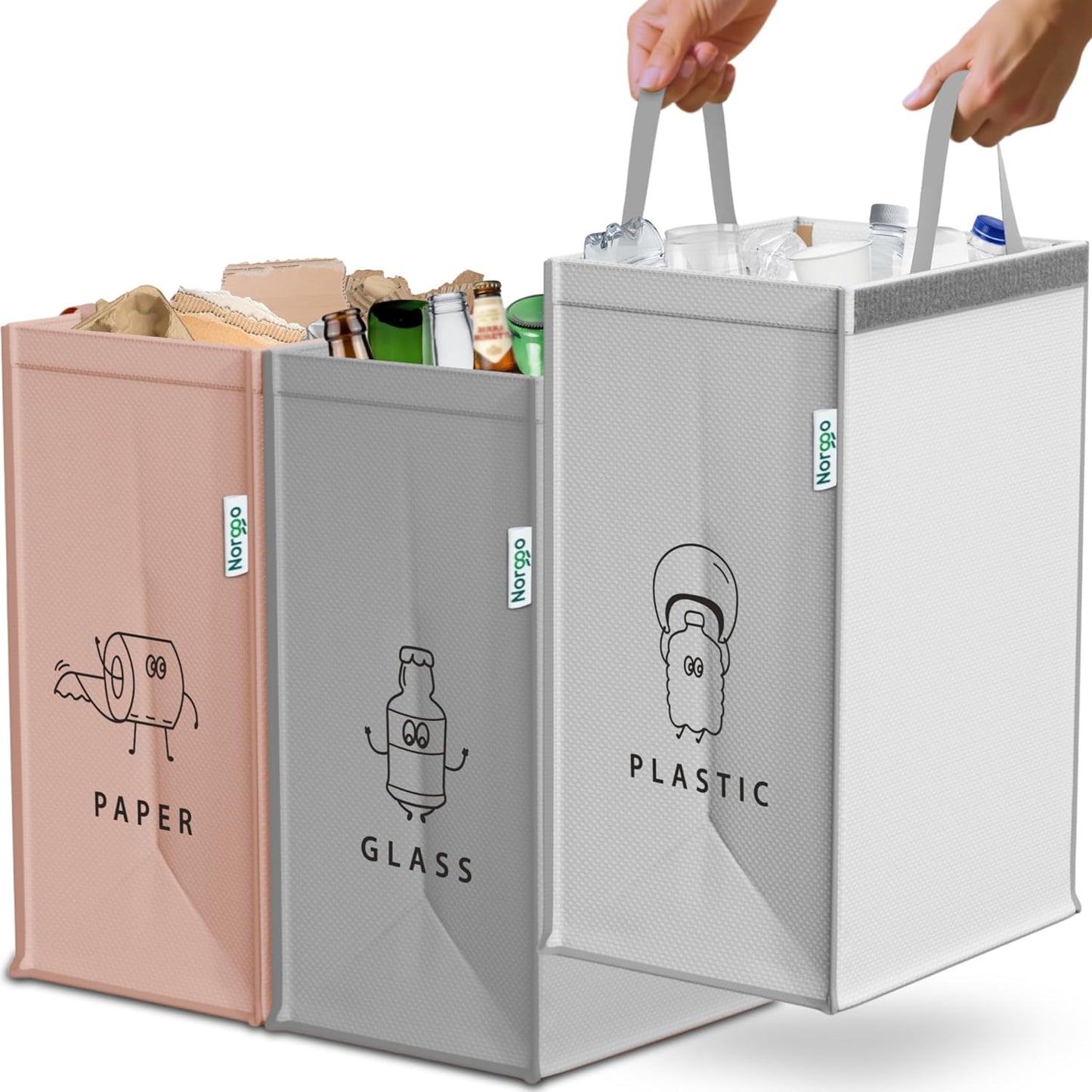 Norggo® Cubos de basura de reciclaje - Set de 3 x 40L para plástico, papel y vidrio - Cubo basura reciclaje duradero - Bolsas reciclaje basura colores - Papelera Reciclaje 3 Compartimentos